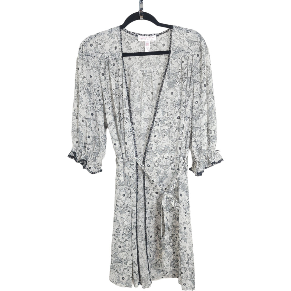Oscar De La Renta Pink Label Robe Womens M White Black Floral Tie 3/4 Sleeve